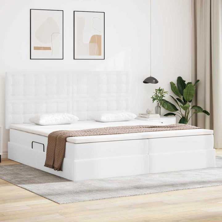 Seng med opbevaring og LED Ren Hvid 200 x 200 cm Faux læder