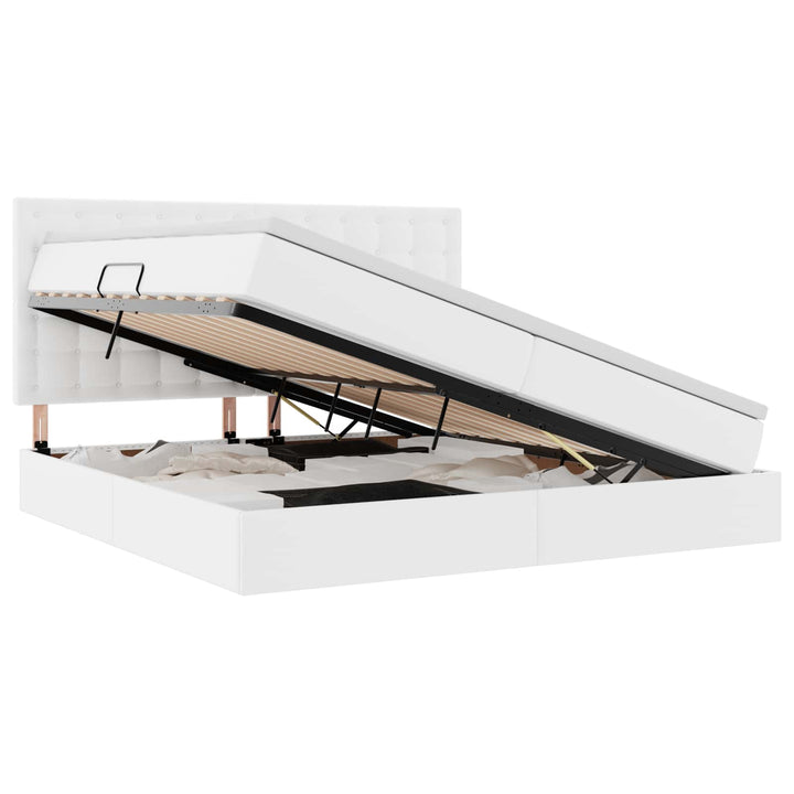 Seng med opbevaring og LED Ren Hvid 200 x 200 cm Faux læder