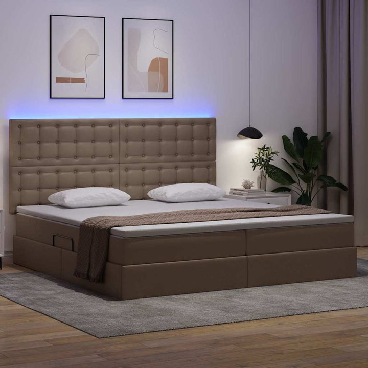 Seng med opbevaring og LED Cappuccino 200 x 200 cm Faux læder