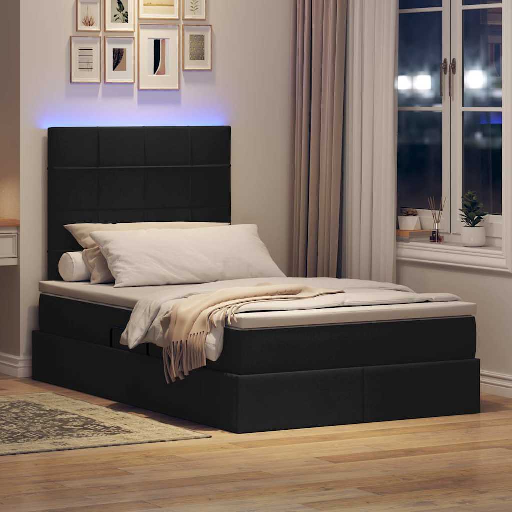 Seng med opbevaring og LED med LED Sort 120 x 200 cm Polyester