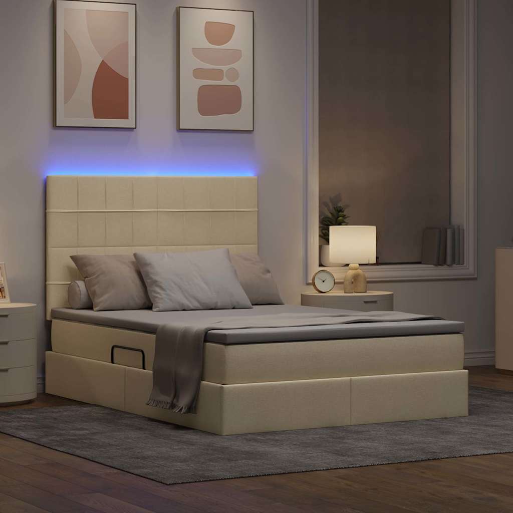 LED opbevarings seng med madras Creme 140 x 190 cm Stof