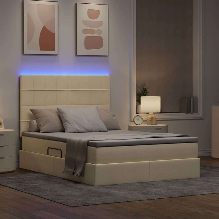 LED opbevarings seng med madras Creme 140 x 190 cm Stof