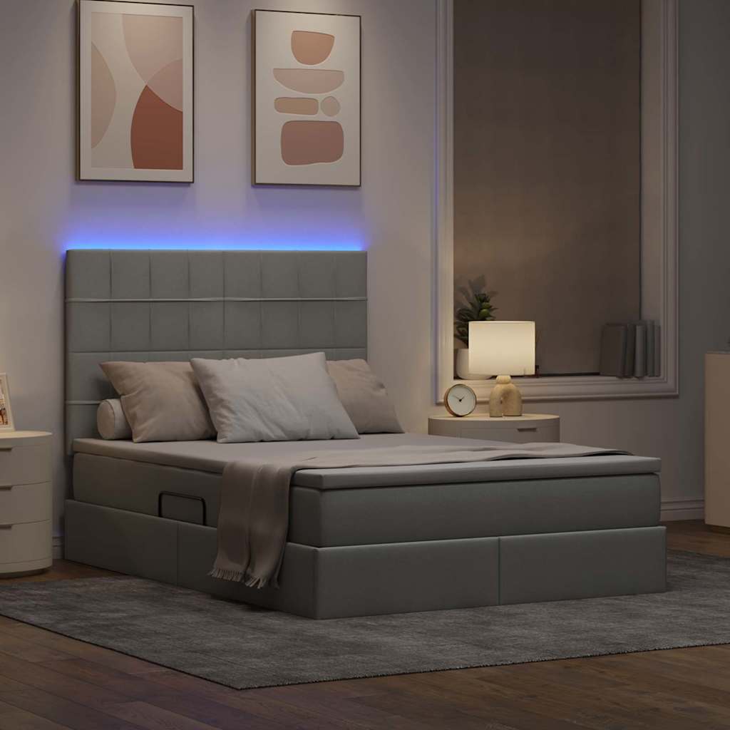 LED opbevarings seng med madras Lysegrå 140 x 200 cm Stof