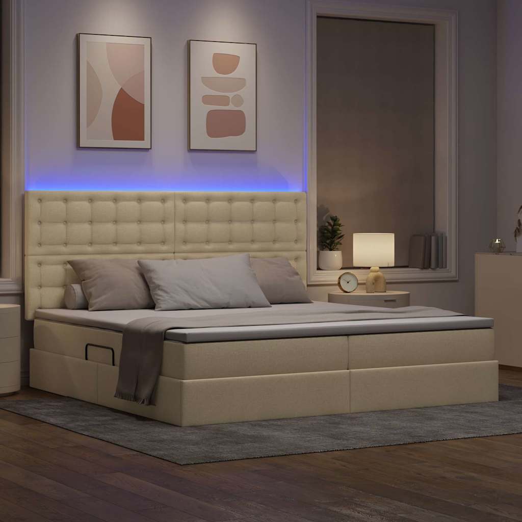 LED opbevarings seng med madras Creme 200 x 200 cm Stof