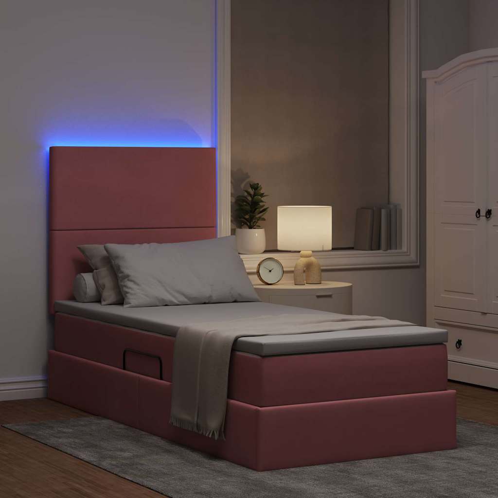 LED opbevarings seng med madras Lyserød 90 x 190 cm Fløjl
