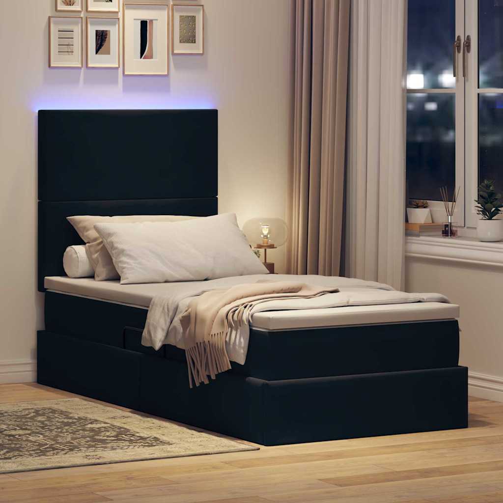 LED opbevarings seng med madras Sort 90 x 200 cm Fløjl