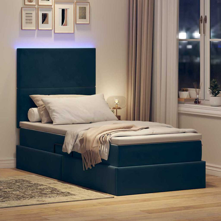 LED opbevarings seng med madras Mørk blå 90 x 200 cm Fløjl