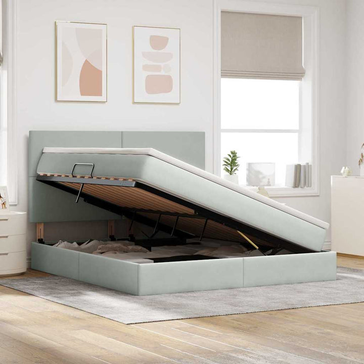 LED opbevarings seng med madras Lysegrå 160 x 200 cm Fløjl