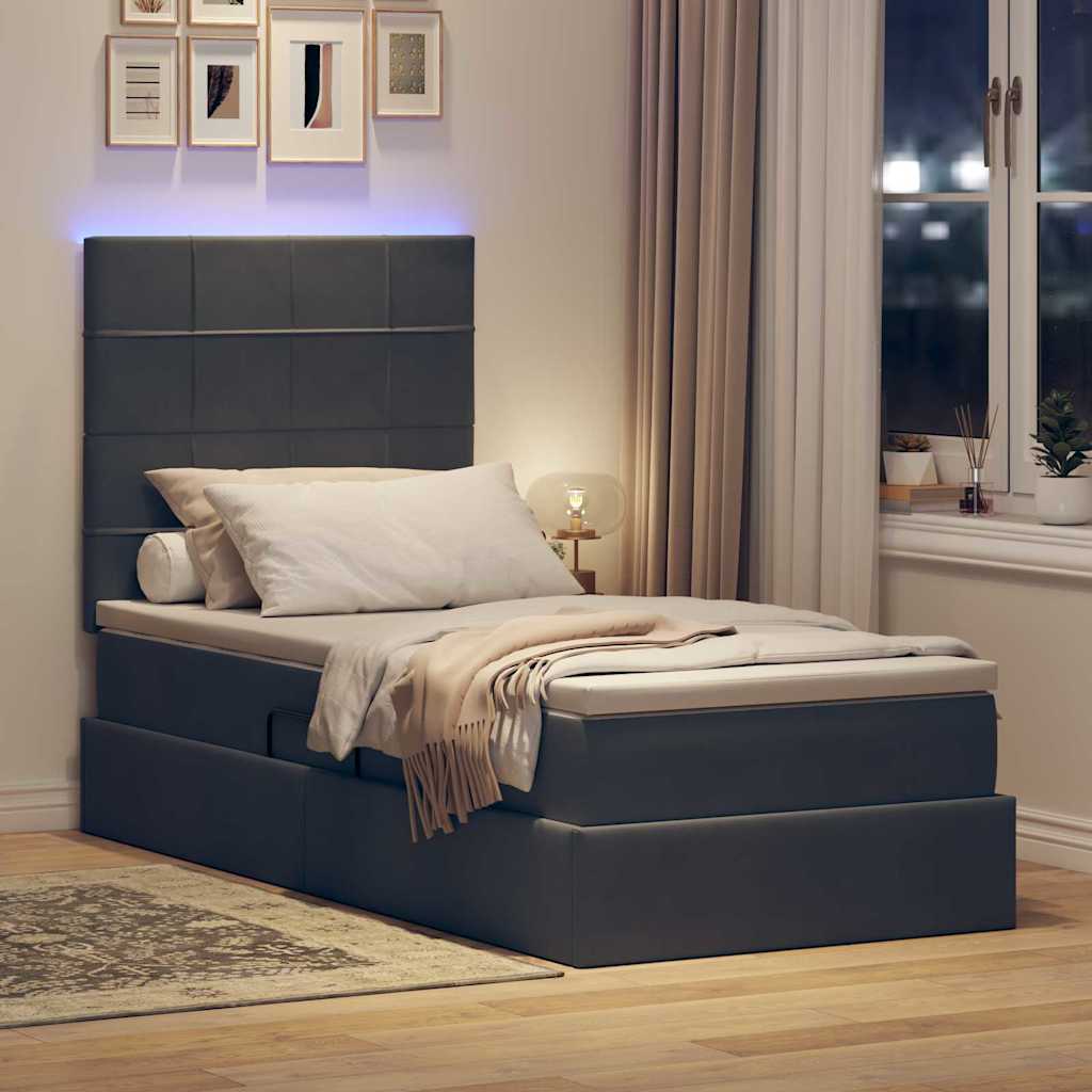 LED opbevarings seng med madras Mørkegrå 90 x 200 cm Fløjl