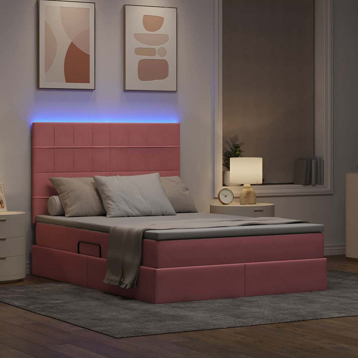 LED opbevarings seng med madras Lyserød 140 x 200 cm Fløjl