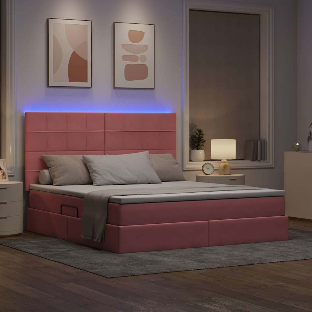 LED opbevarings seng med madras Lyserød 160 x 200 cm Fløjl
