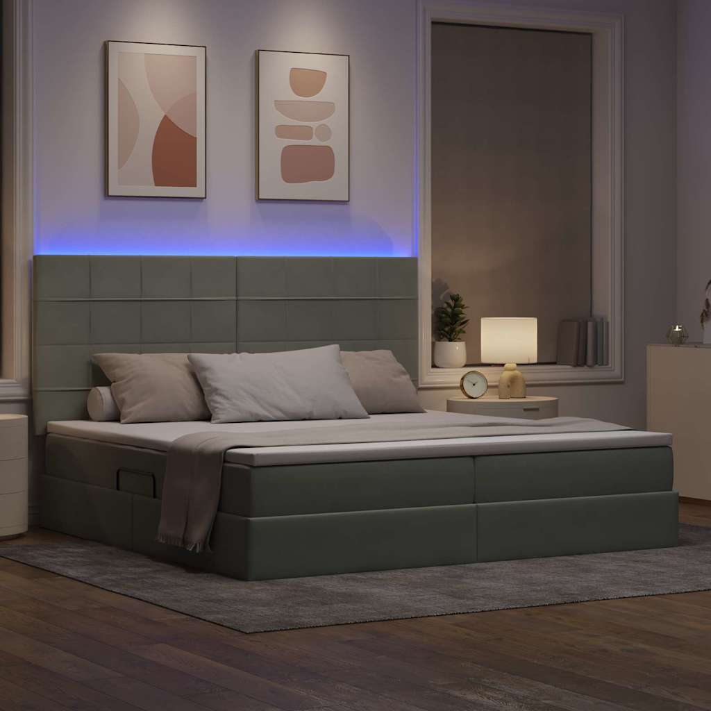 LED opbevarings seng med madras Lysegrå 200 x 200 cm Fløjl