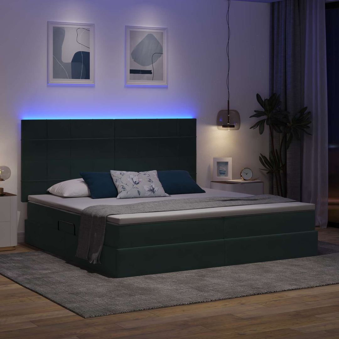 Seng med opbevaring og LED med LED Mørkegrøn 200 x 200 cm Fløjl