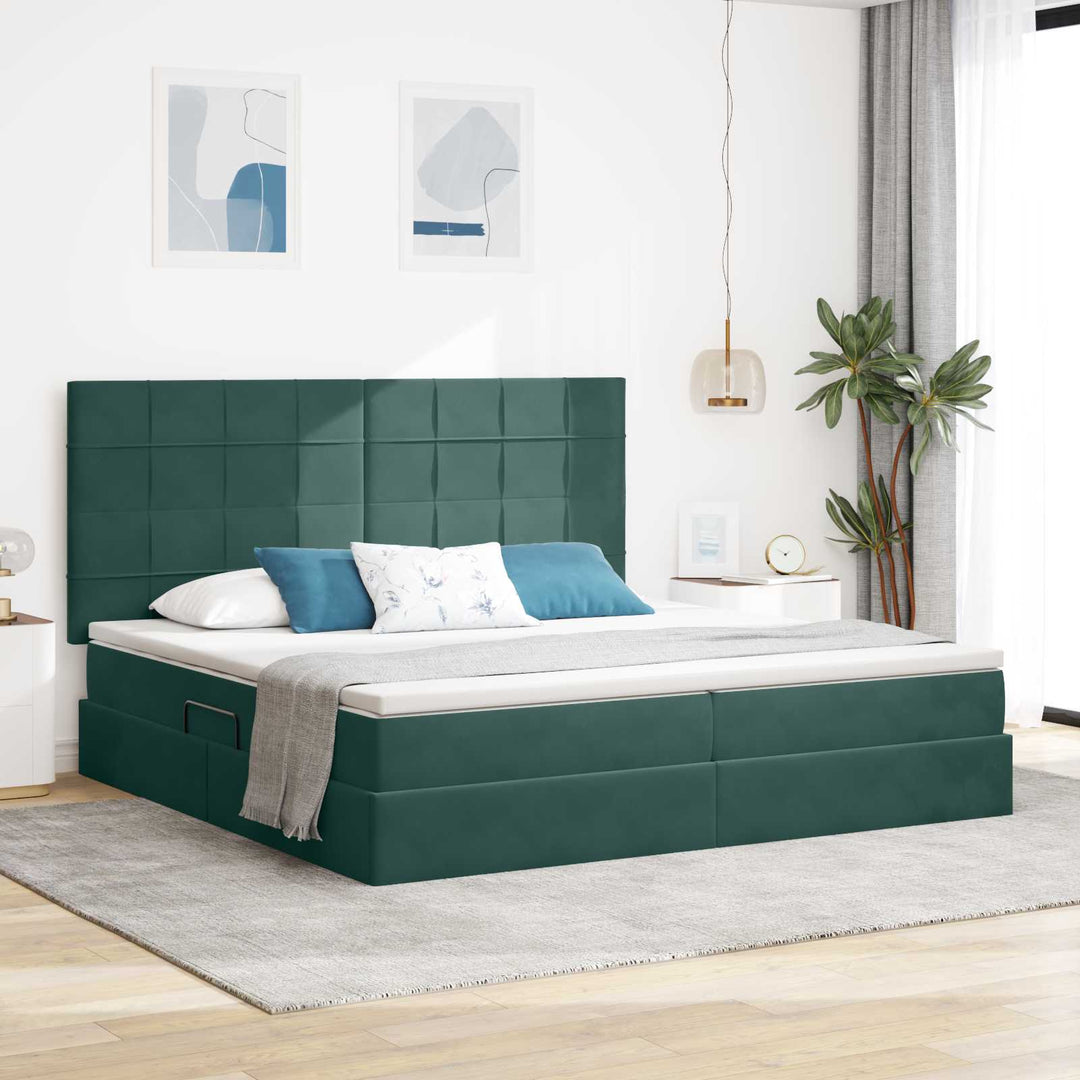 Seng med opbevaring og LED med LED Mørkegrøn 200 x 200 cm Fløjl