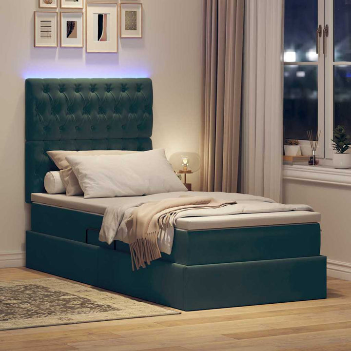 LED opbevarings seng med madras Mørkegrøn 100 x 200 cm Fløjl
