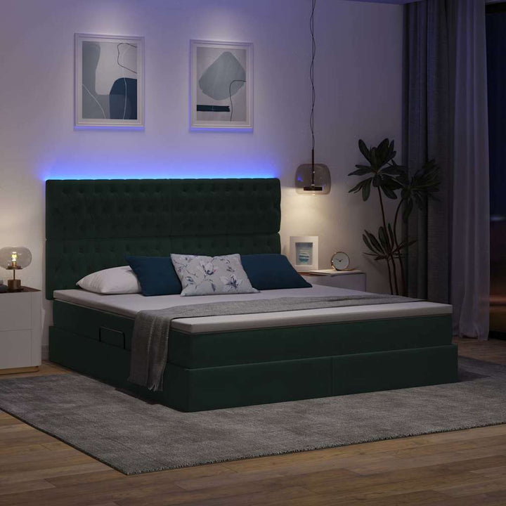 LED opbevarings seng med madras Mørkegrøn 160 x 200 cm Fløjl