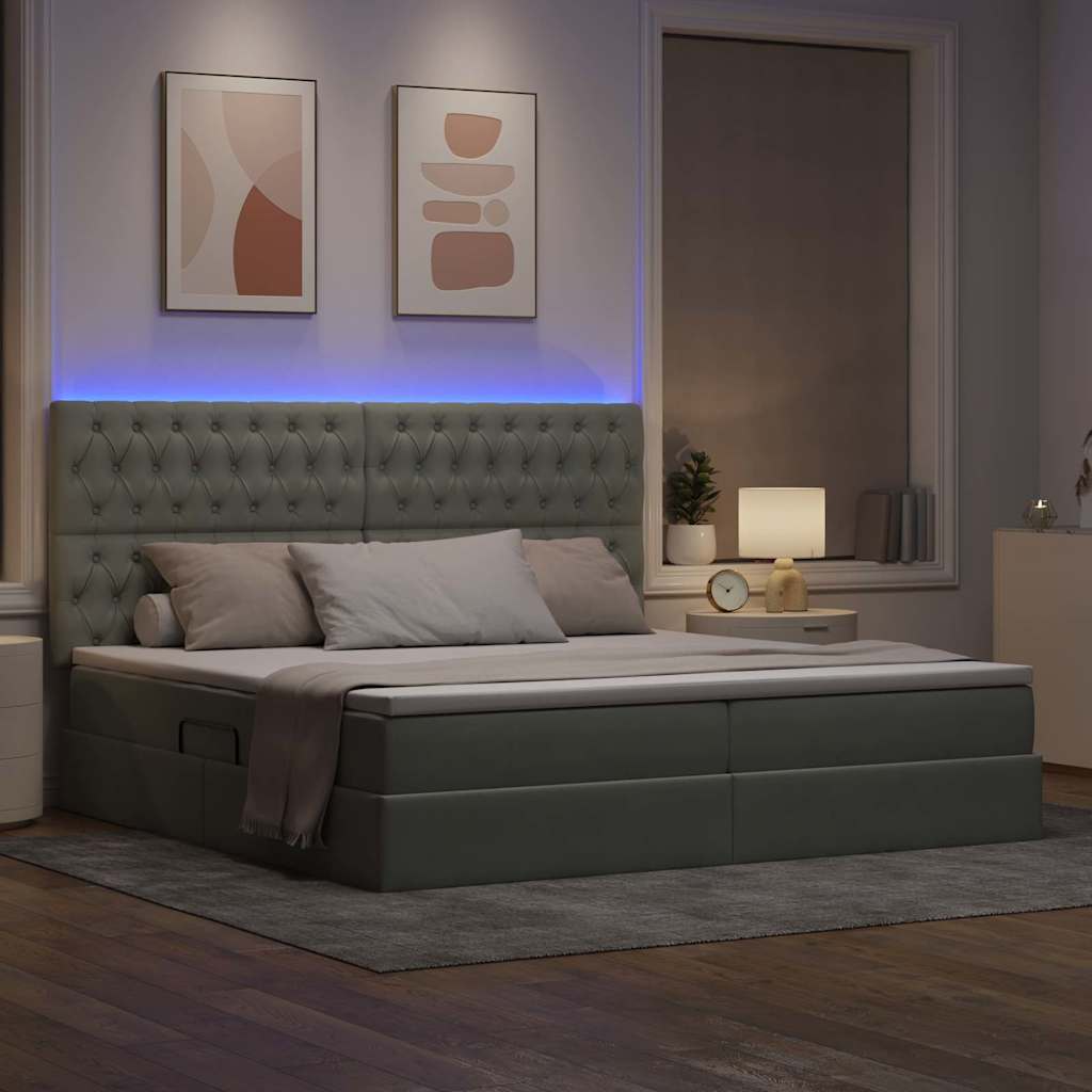 LED opbevarings seng med madras Lysegrå 200 x 200 cm Fløjl
