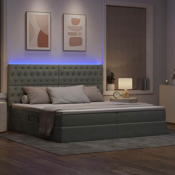 LED opbevarings seng med madras Lysegrå 200 x 200 cm Fløjl