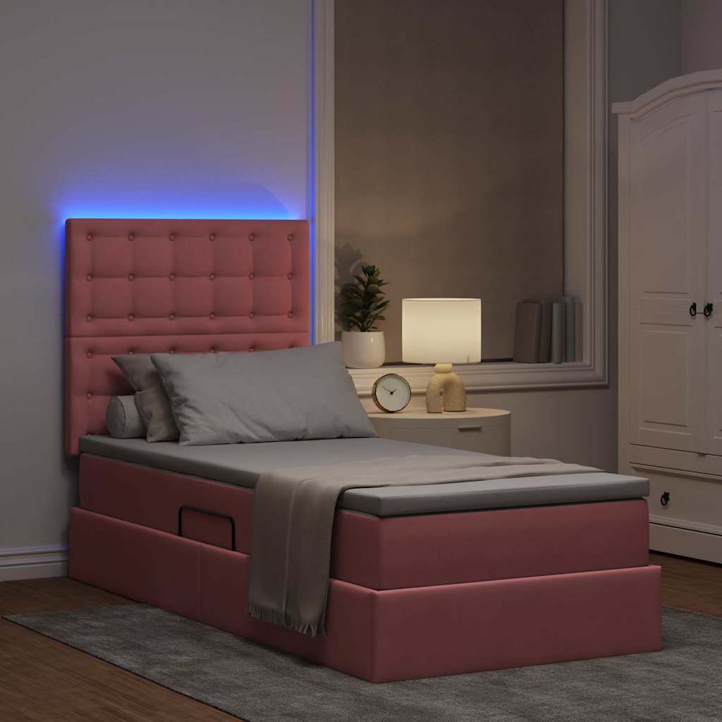 LED opbevarings seng med madras Lyserød 90 x 190 cm Fløjl