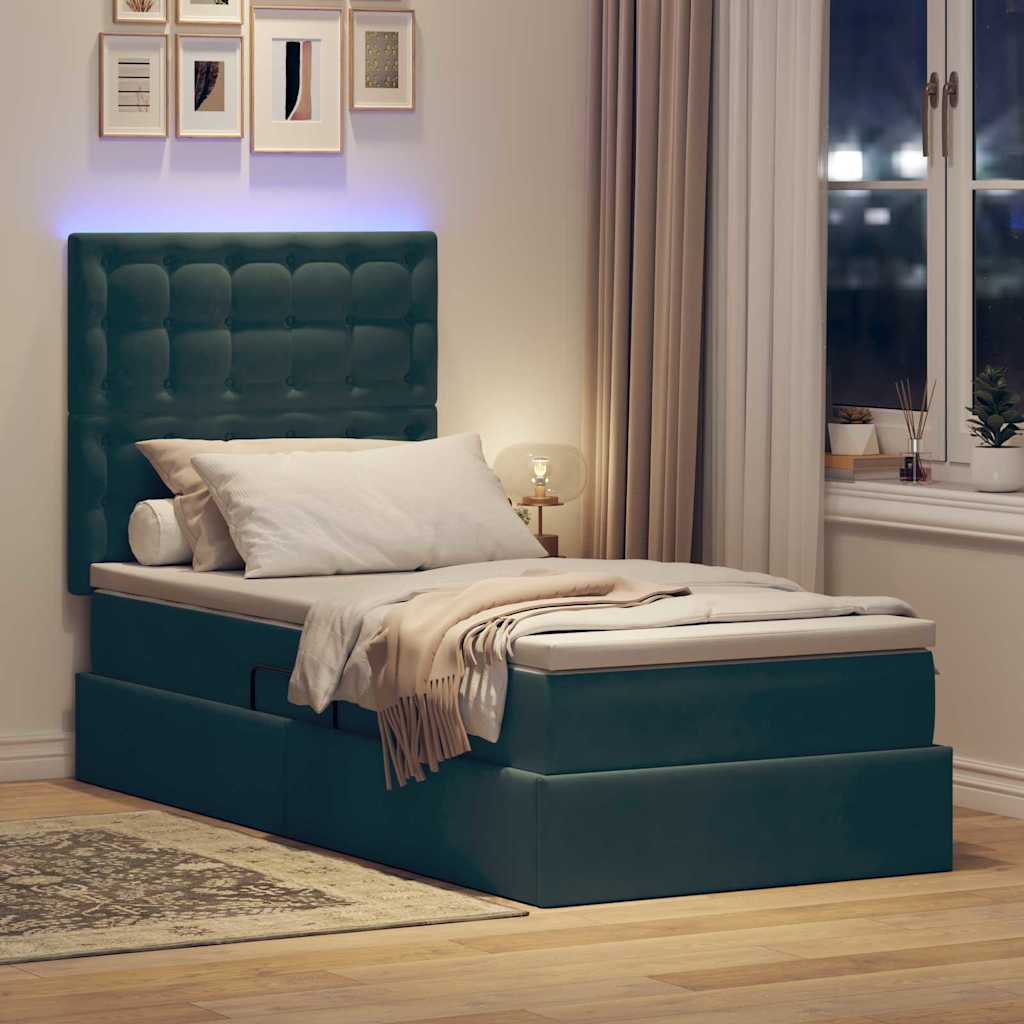 LED opbevarings seng med madras Mørkegrøn 90 x 200 cm Fløjl