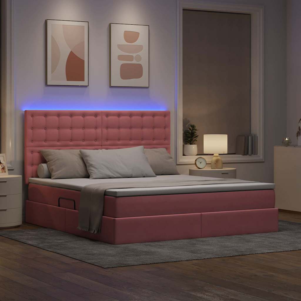 LED opbevarings seng med madras Lyserød 160 x 200 cm Fløjl
