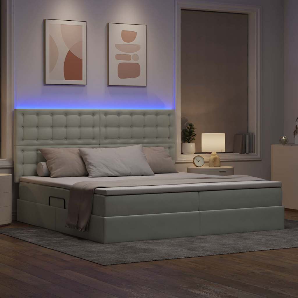 LED opbevarings seng med madras Lysegrå 200 x 200 cm Fløjl
