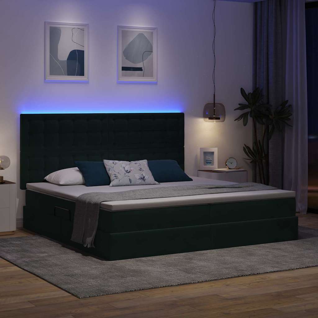 Seng med opbevaring og LED med LED Mørkegrøn 200 x 200 cm Fløjl