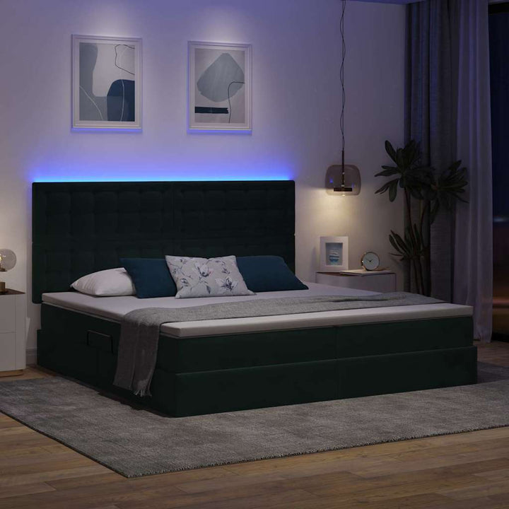 Seng med opbevaring og LED med LED Mørkegrøn 200 x 200 cm Fløjl