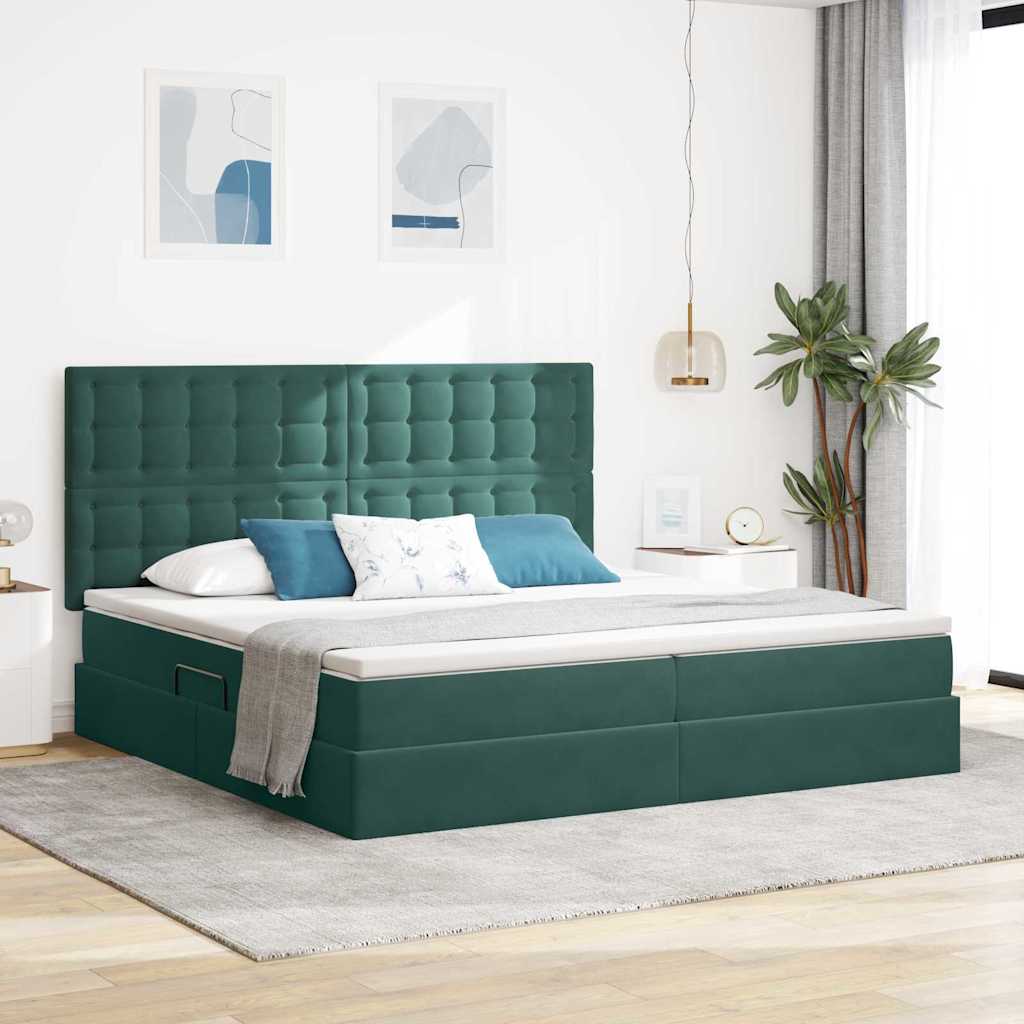 Seng med opbevaring og LED med LED Mørkegrøn 200 x 200 cm Fløjl