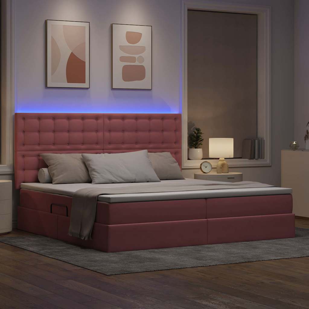 LED opbevarings seng med madras Lyserød 200 x 200 cm Fløjl