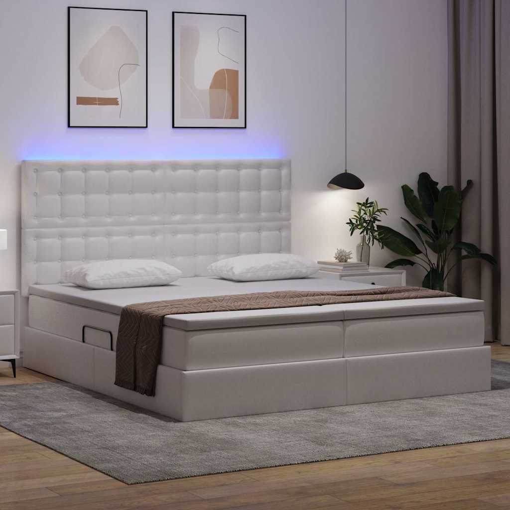 Seng med opbevaring og LED Ren Hvid 180 x 200 cm Kunstlæder