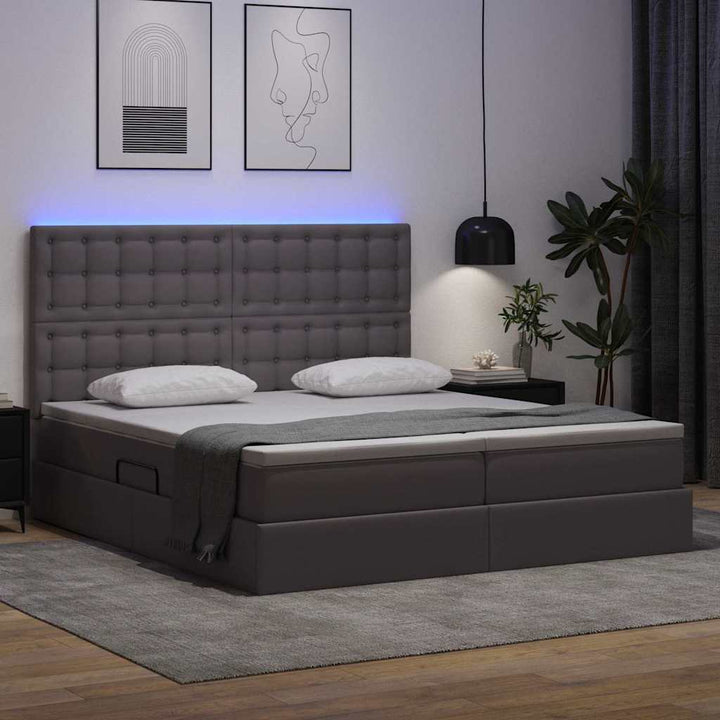 Seng med opbevaring og LED Grå 180 x 200 cm Kunstlæder