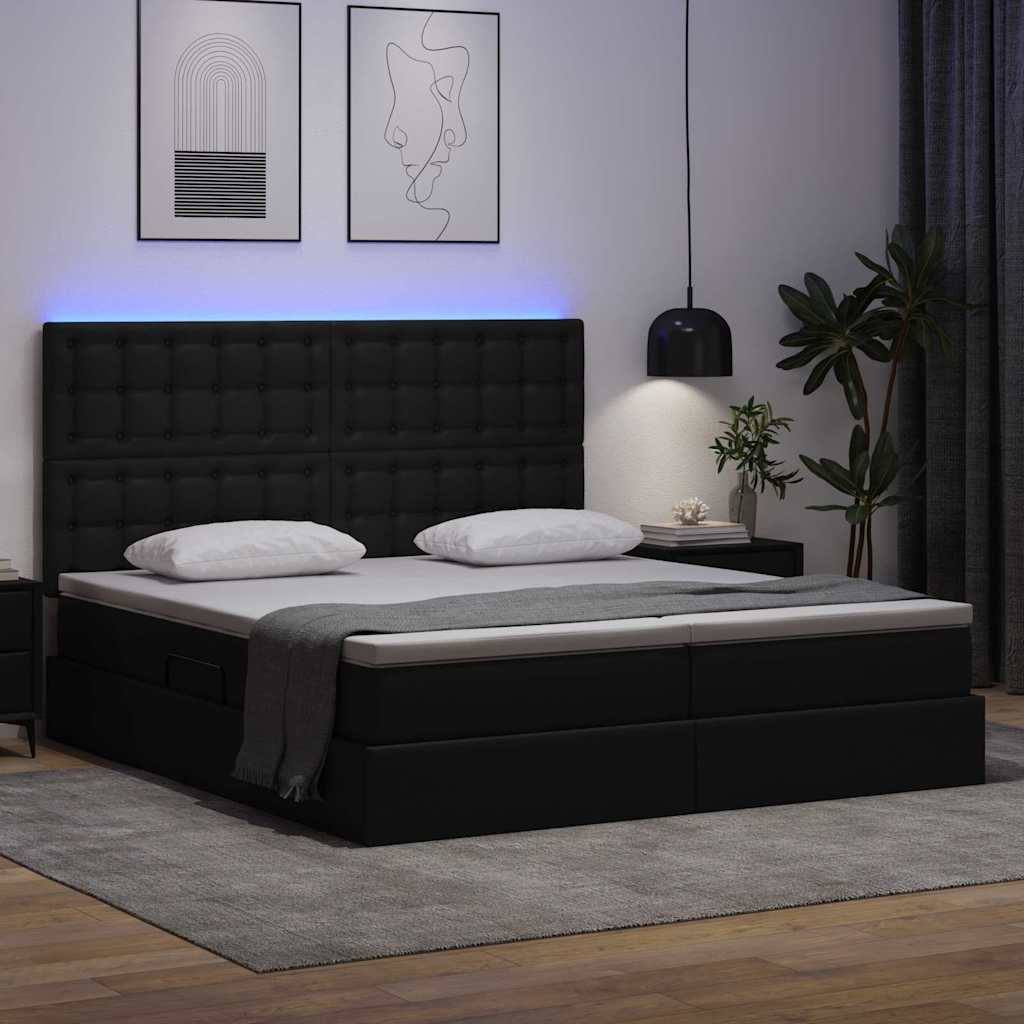 Seng med opbevaring og LED Sort 200 x 200 cm Kunstlæder