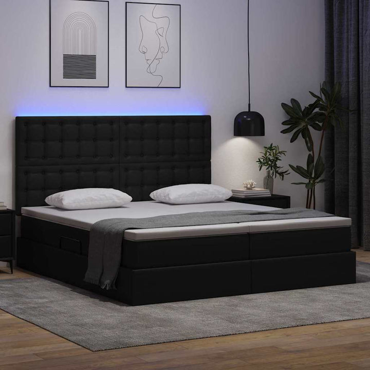 Seng med opbevaring og LED Sort 200 x 200 cm Kunstlæder