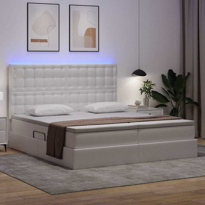 Seng med opbevaring og LED Ren Hvid 200 x 200 cm Kunstlæder