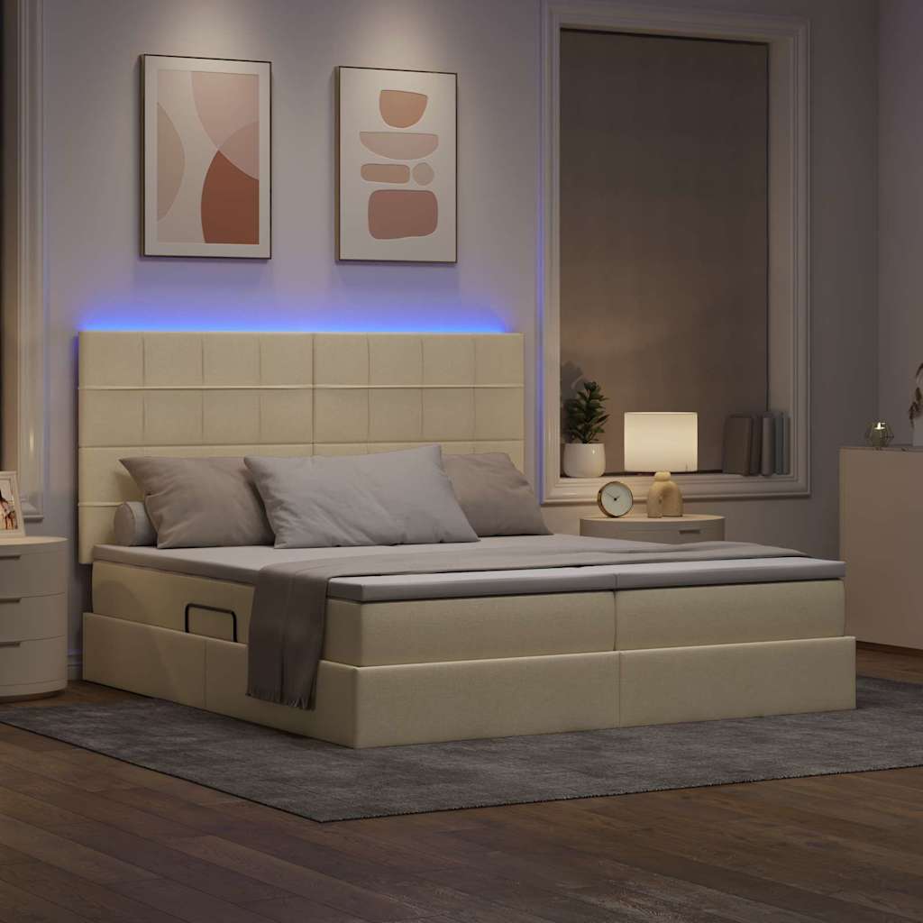 LED opbevarings seng med madras Creme 200 x 200 cm Stof