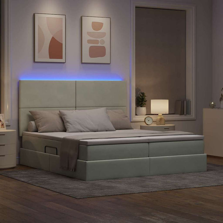 LED opbevarings seng med madras Lysegrå 200 x 200 cm Fløjl