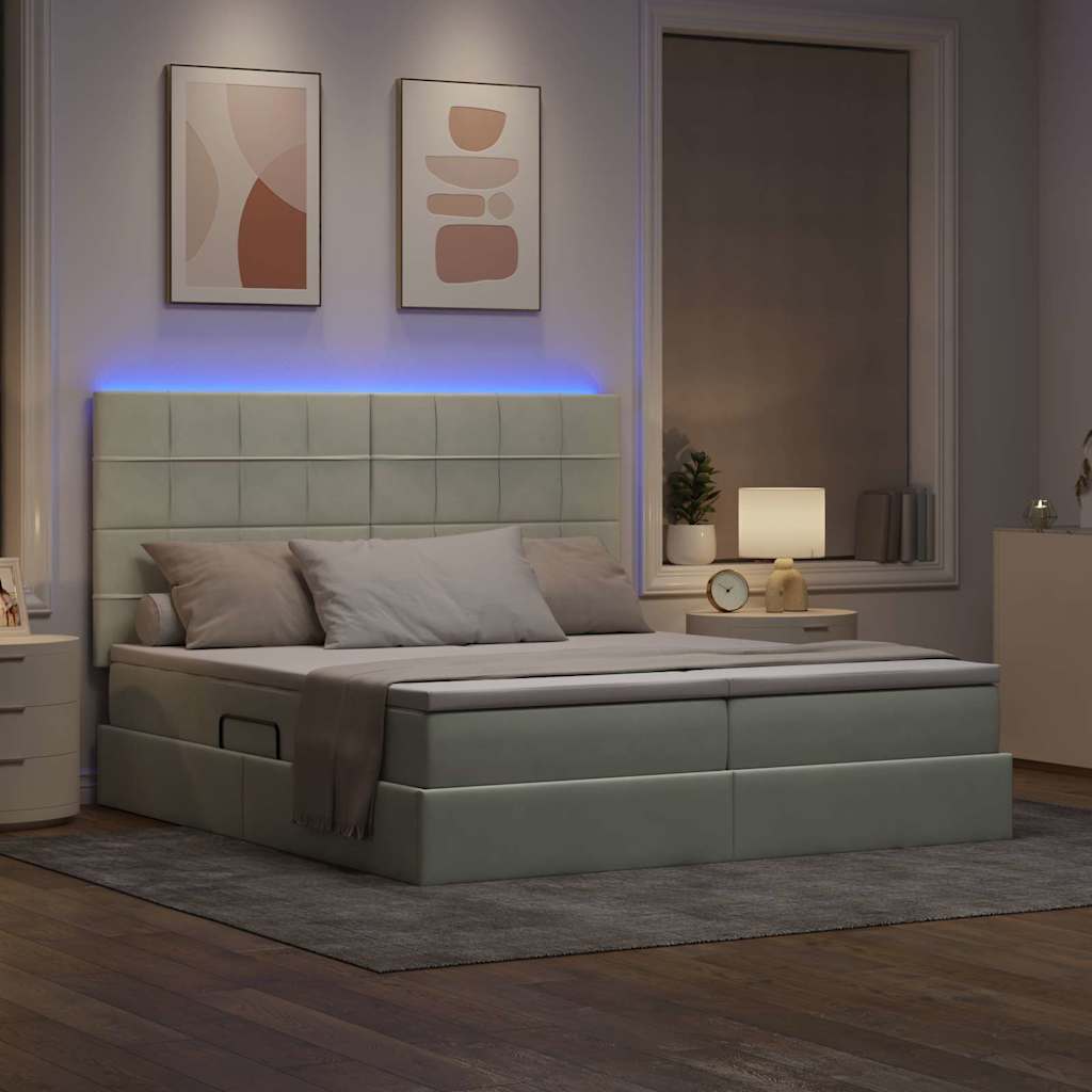 LED opbevarings seng med madras Lysegrå 180 x 200 cm Fløjl