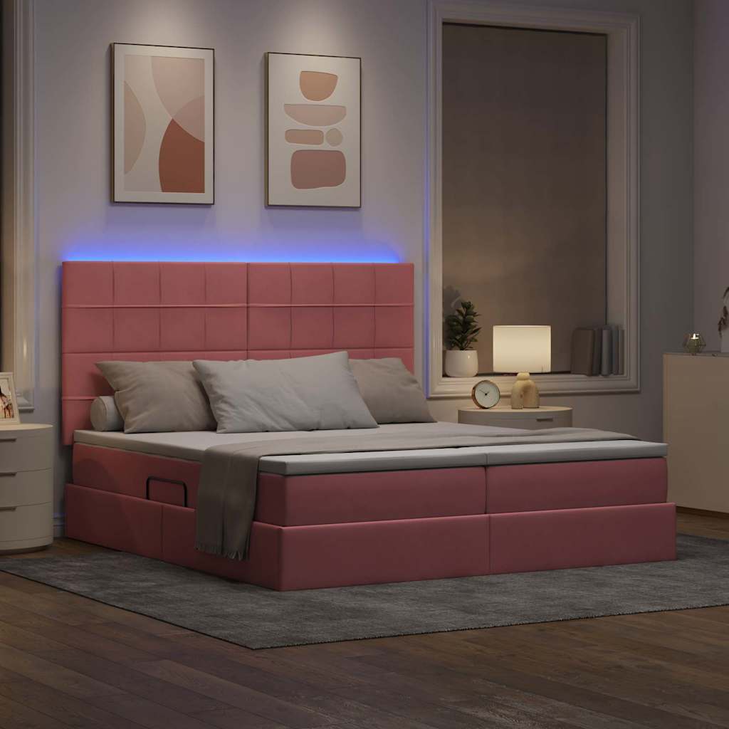 LED opbevarings seng med madras Lyserød 200 x 200 cm Fløjl
