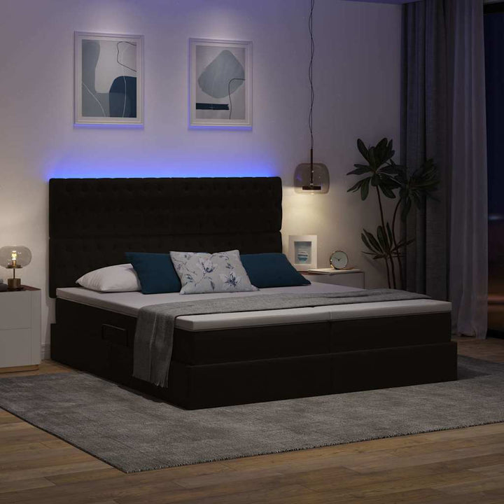 Seng med LED-lysstrimler med hovedgærde Sort 200 x 200 cm Fløjl