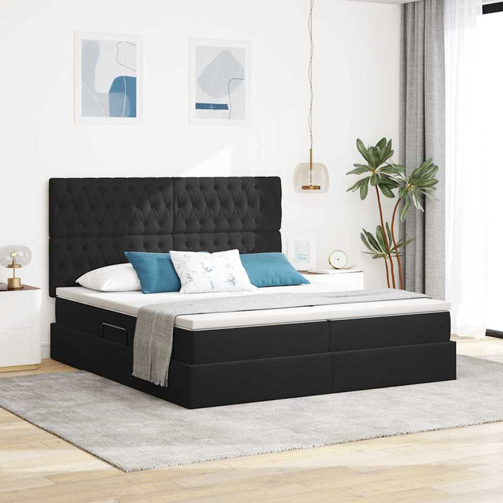 Seng med LED-lysstrimler med hovedgærde Sort 200 x 200 cm Fløjl