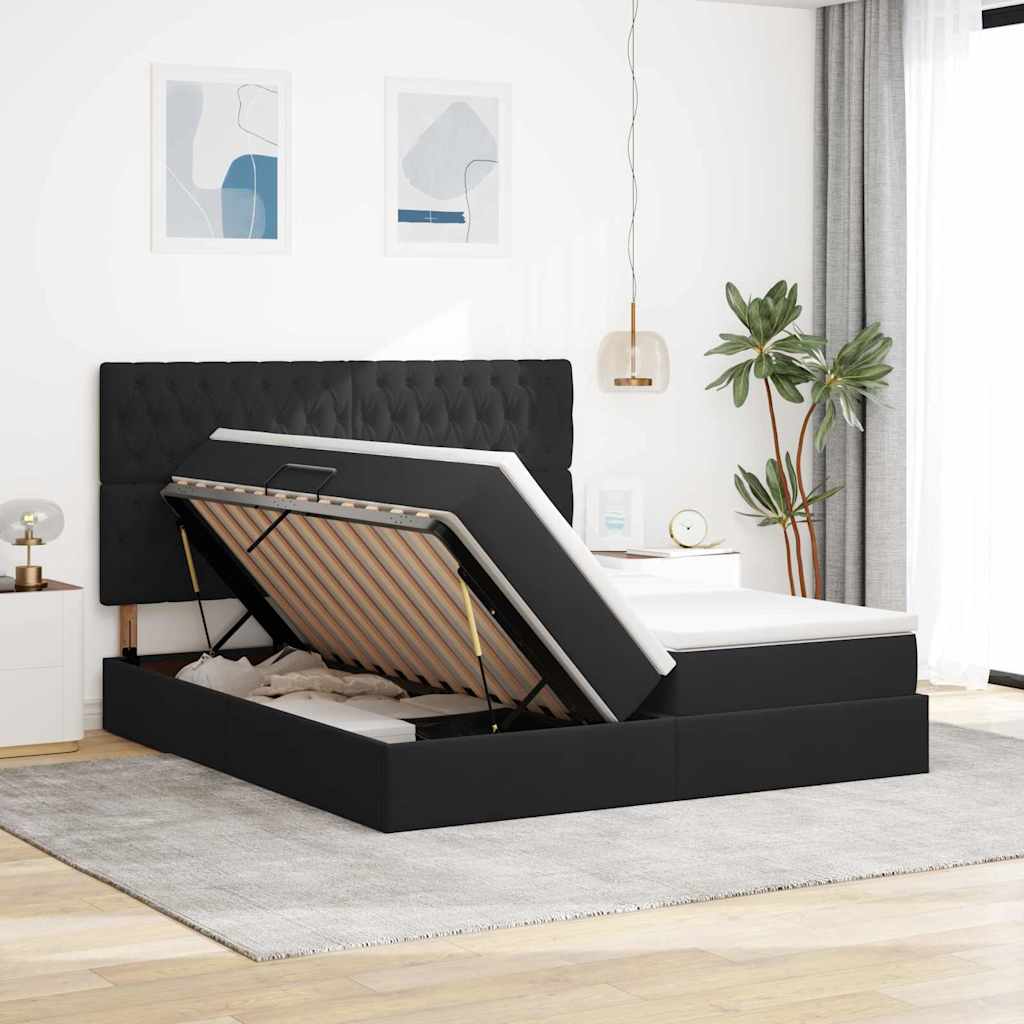 Seng med LED-lysstrimler med hovedgærde Sort 200 x 200 cm Fløjl