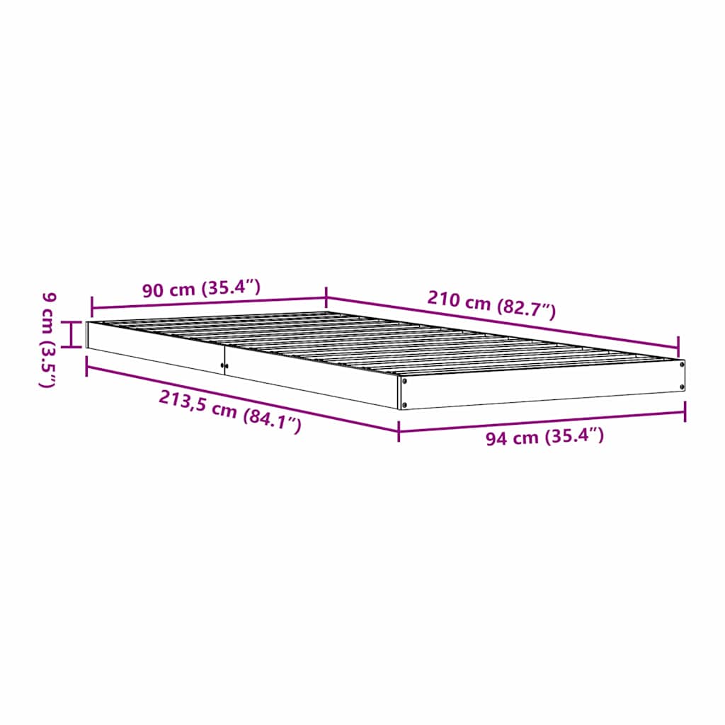 Gulv seng ramme Naturfarvet 90 x 210 cm Massiv fyrretræ