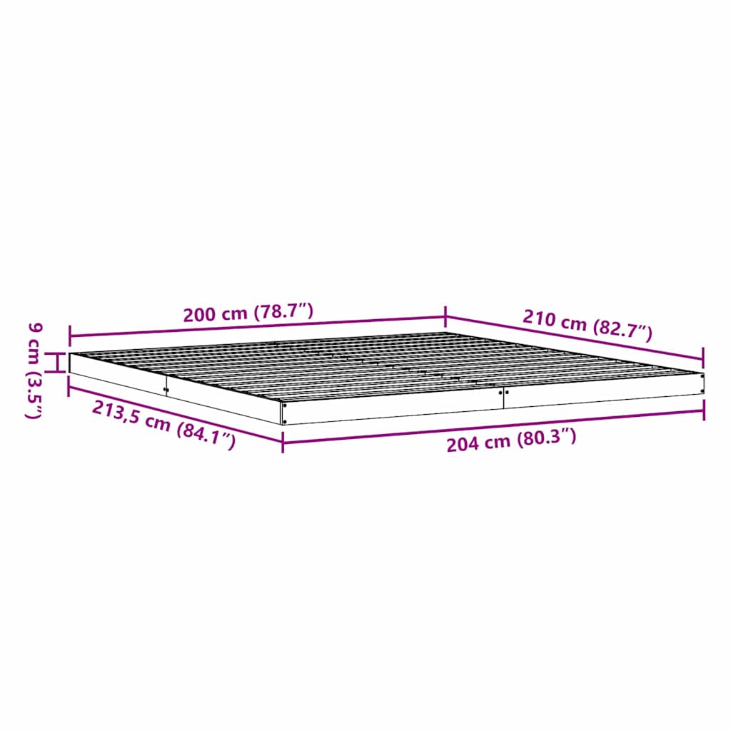 Gulv seng ramme Naturfarvet 213,5 x 204 x 9 cm Massiv fyrretræ