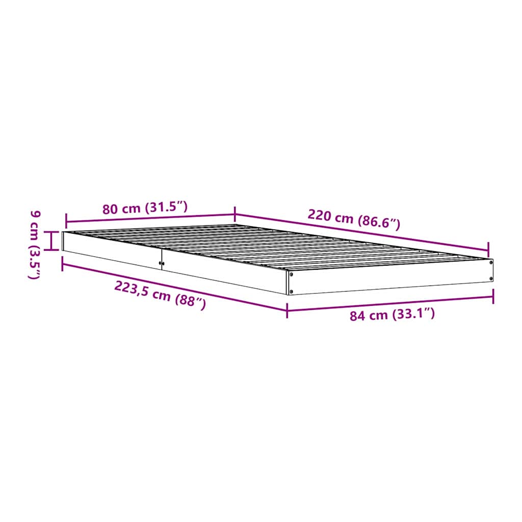 Gulv seng ramme Hvid 80 x 220 cm Massiv fyrretræ