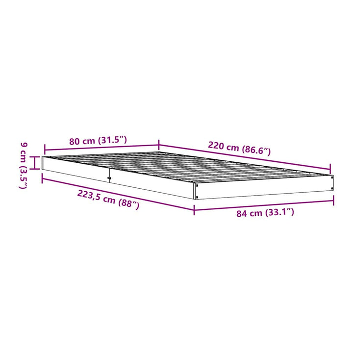 Gulv seng ramme Hvid 80 x 220 cm Massiv fyrretræ