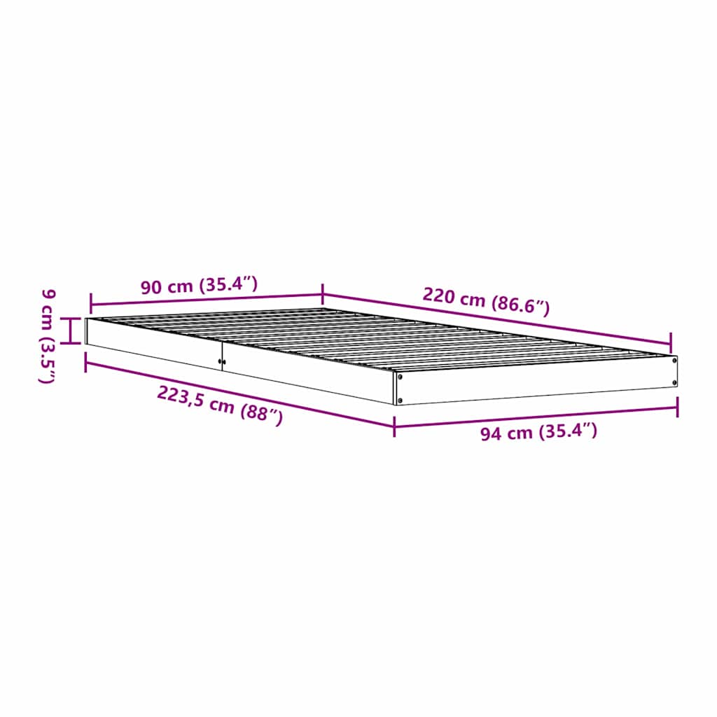 Gulvsengramme Naturfarvet 90 x 220 cm Massiv fyrretræ