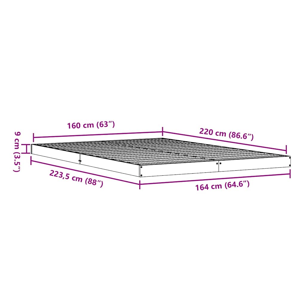 Gulv seng ramme Naturfarvet 160 x 220 cm Massiv fyrretræ