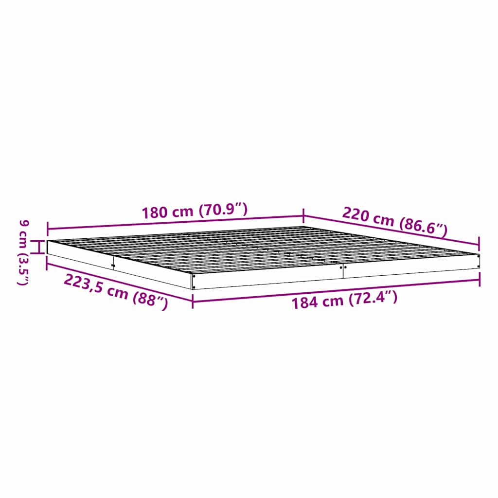 Gulv seng ramme Naturfarvet 180 x 220 cm Massiv fyrretræ