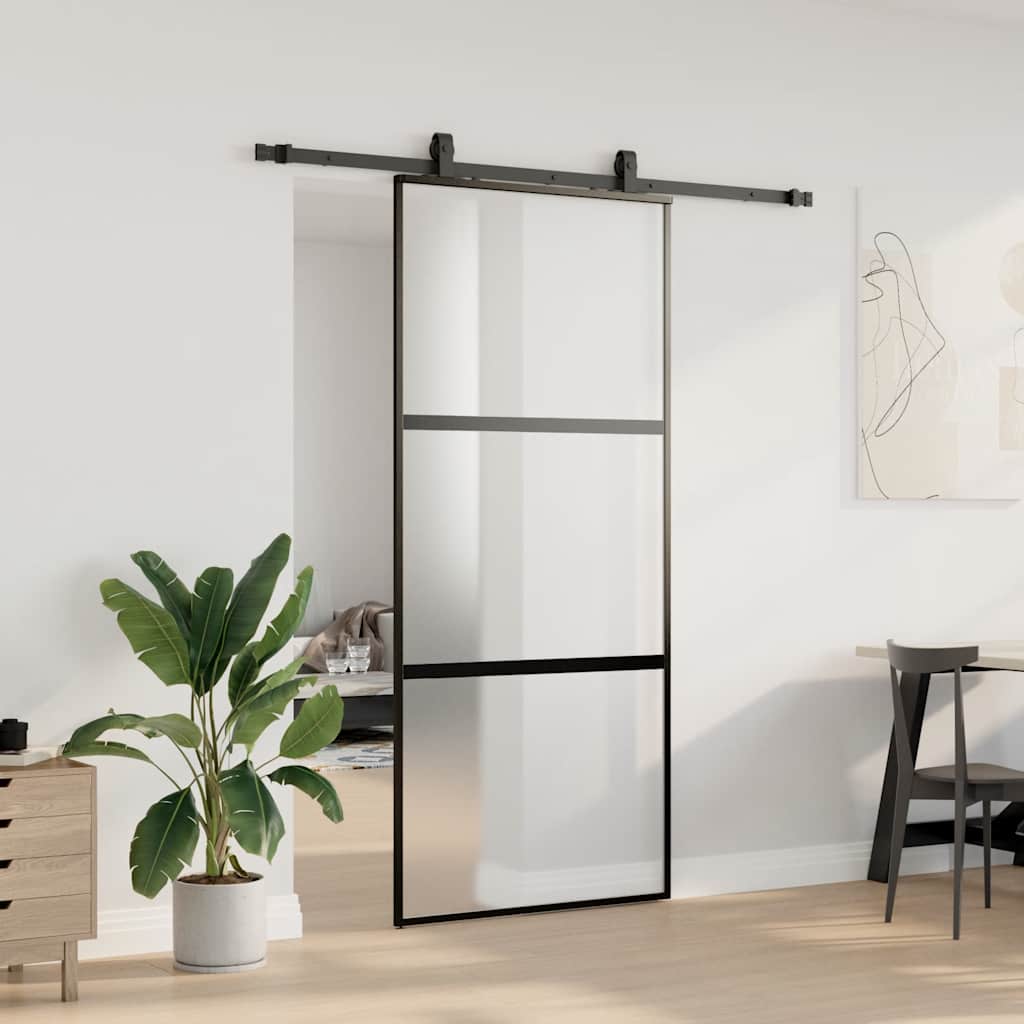 skydedør med hardwaresæt 90x205 cm hærdet glas sort